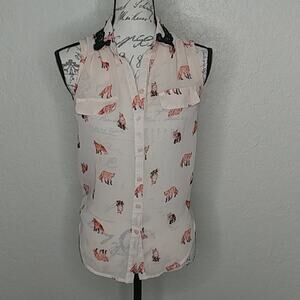 Sheer Button Front Fox Print Top With Back Keyhole